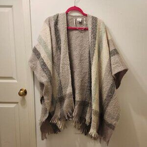 Sonoma Fall Wrap Shaw One Size Sleeved Neutral Plaid Wide Stripe Warm Poncho